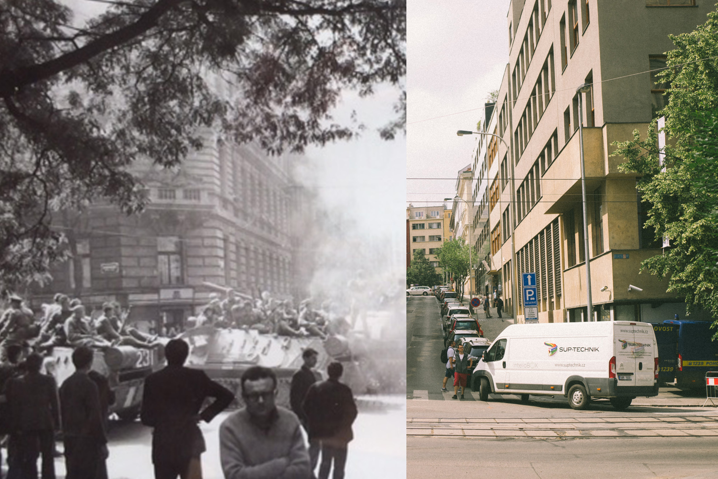 Roh Vinohradské a Balbínovy ulice v letech 1968 a 2018