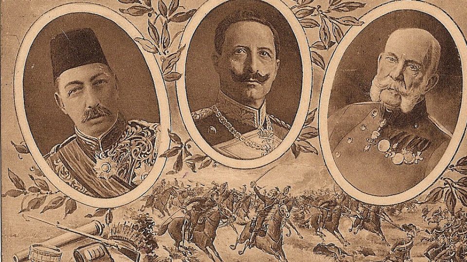 Osmanský sultán Mehmet V., německý císař Vilém II. a rakousko-uherský panovník František Josef I.