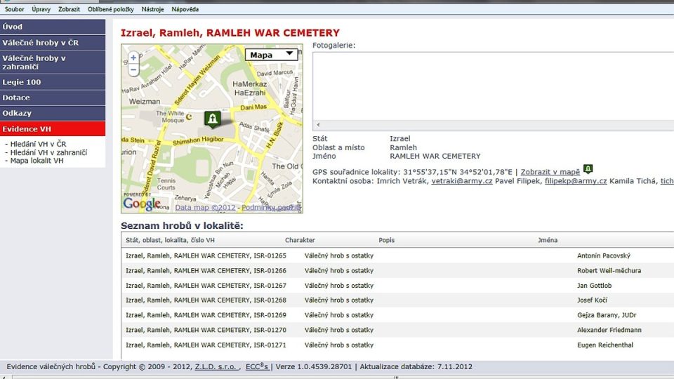 Český úřední záznam o sedmi československých vojácích pochovaných v dnes izraelské Ramle