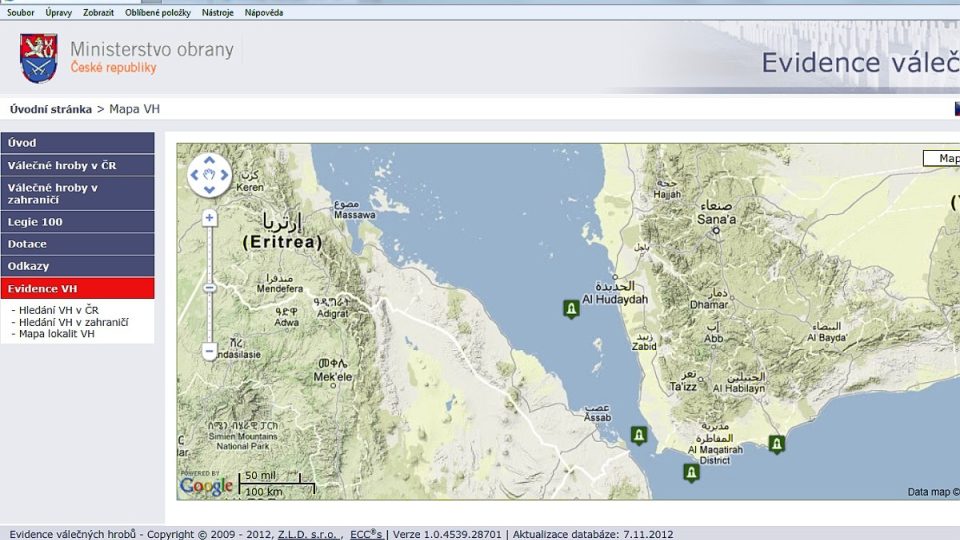 Mapa na stránkách českého ministerstva obrany znázorňuje místa všech známých pohřbů, v tomto případě do moře
