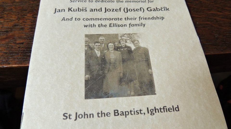 Pozvánka na mjíši a odhalení pamětní desky připomínací přátelství Jozefa Gabčíka a Jana Kubiše s rodinou Ellisonových