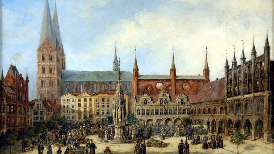 Historické centrum Lübecku s budovou radnice a kostelem Panny Marie na dobové olejomalbě