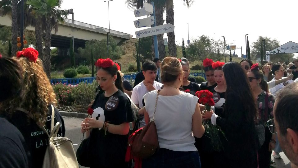 Mladí pořadatelé rozdávají ženám i mužům při vstupu na plochu červené karafiáty