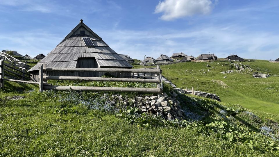 Malebná vesnice dřevěných přízemních domků roztodivných tvarů s ohradami a stříbřitě šedými doškovými střechami