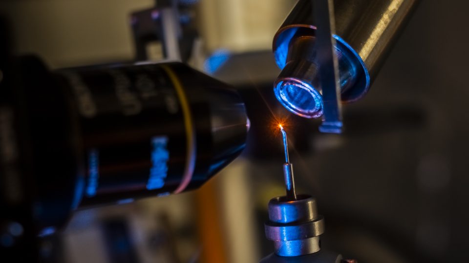 Krystal červeného fluorescentního proteinu umístěný v kombinovaném přístroji sestávajícím z fluorescenčního mikroskopu a rentgenového difraktometru. Krystal fluoreskuje červeně při osvětlení modrým laserovým svazkem