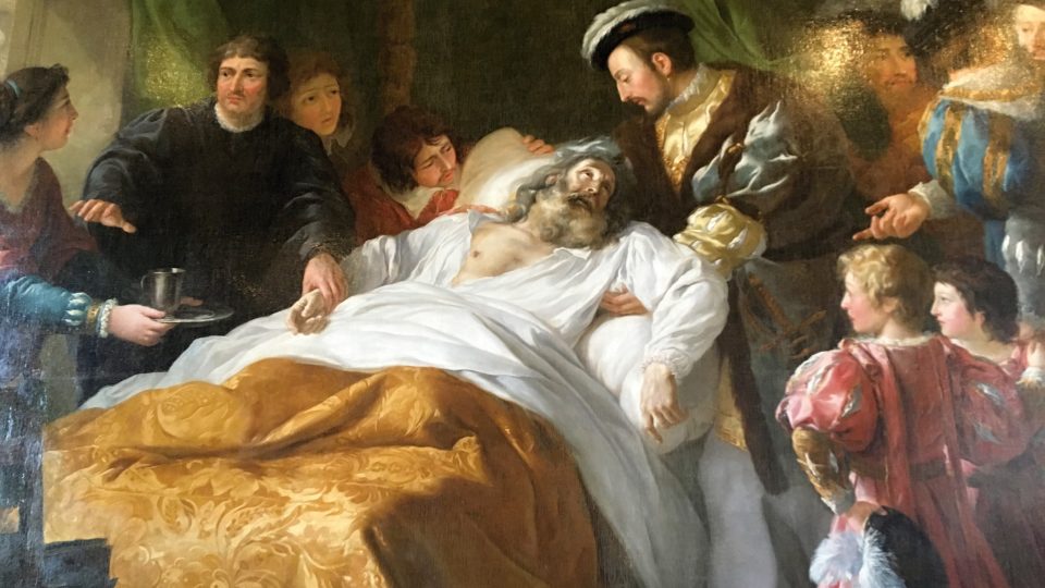 Smrt Leonarda da Vinci zachytil v 18. století na svém obraze malíř Françoise-Guillauma Ménageota