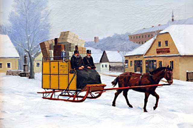 Obraz od neznámého autora zachycuje doručování pošty v podhůří Orlických hor ve druhé pol. 19. století. Obraz získalo Poštovní muzeum | foto: repro ,   autor neznámý 2,   Poštovní muzeum