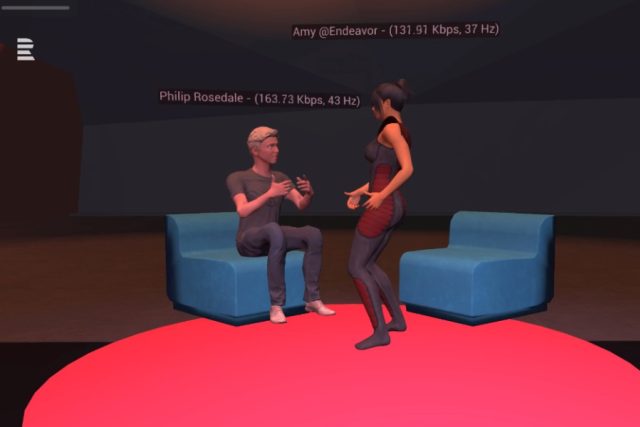 Amy Pecková se prostřednictvím virtuální reality popovídala s Philipem Rosdalem,  průkopníkem VR,  který se připojil ze San Francisca. | foto: Future Port Prague