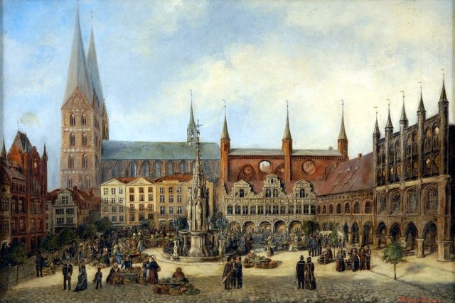 Historické centrum Lübecku s budovou radnice a kostelem Panny Marie na dobové olejomalbě | foto: CC0 1.0