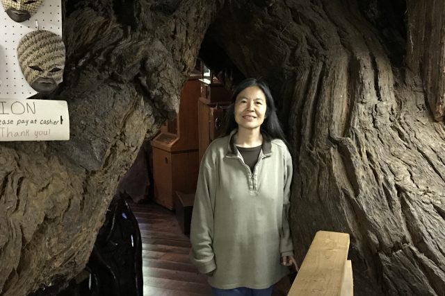 Angela Ying Liu Blackwell se stará o krámek s lokálními řezbářskými výrobky na úpatí stromového domu | foto: Jan Kaliba,  Český rozhlas,  Český rozhlas
