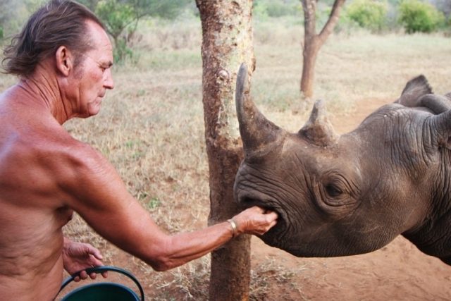 Ochránce africké přírody Tony Fitzjohn krmí nosorožce | foto: Safari Park Dvůr Králové nad Labem,  Safari Park Dvůr Králové