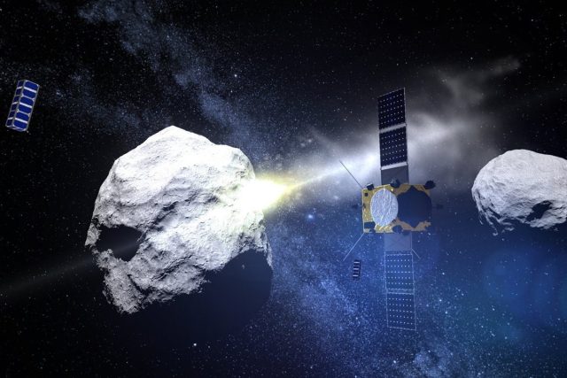 Kolem asteroidu Didymos,  který má několik stovek metrů,  obíhá menší měsíc Didymoon. Do něj narazí americká sonda DART | foto: NASA/ESA