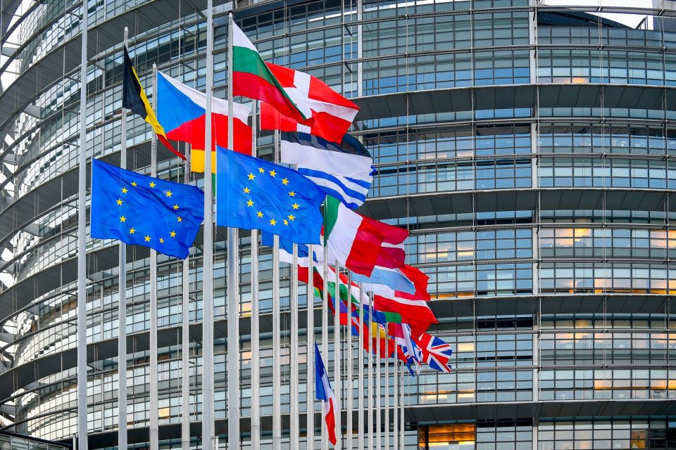 Vlajky členských států Evropské unie před budovou Evropské parlamentu ve Štrasburku | foto: Evropský parlament