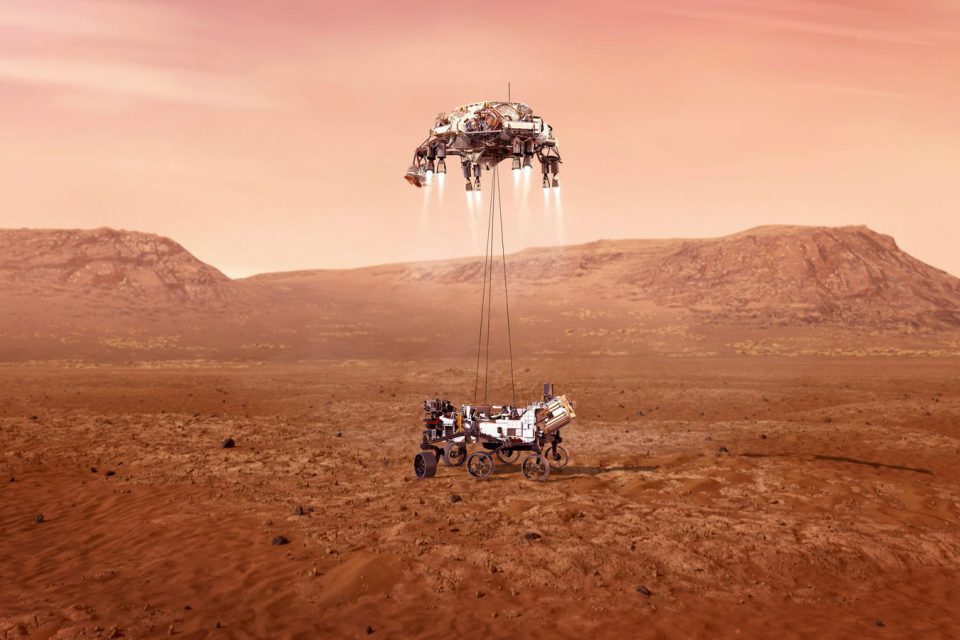 Ilustrace zachycující vozítko Perseverance přistávající na Marsu | foto: NASA/JPL-Caltech,  Reuters