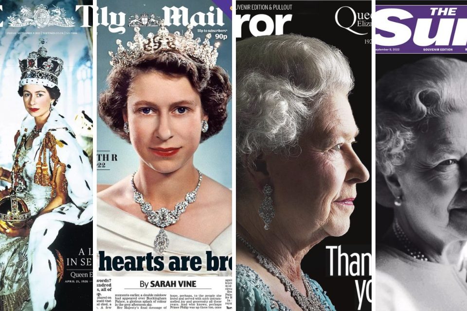 Britský tisk k úmrtí královny Alžběty II. Zleva The Times,  Daily Mail,  The Mirror a The Sun | foto: Koláž iROZHLAS