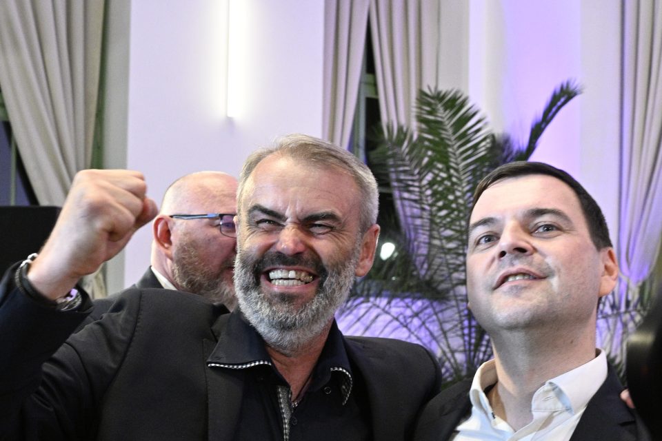 Radost předsedů koalice Přísahy a Motoristů sobě Roberta Šlachty  (vlevo) a Petra Macinky | foto: Michal Krumphanzl,  ČTK