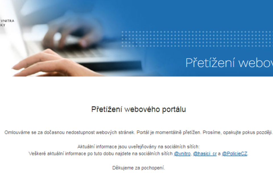 Weby ministerstva vnitra,  včetně stránek policie i hasičů,  jsou ve středu od rána nedostupné kvůli kybernetickému útoku | foto: Ministerstvo vnitra ČR