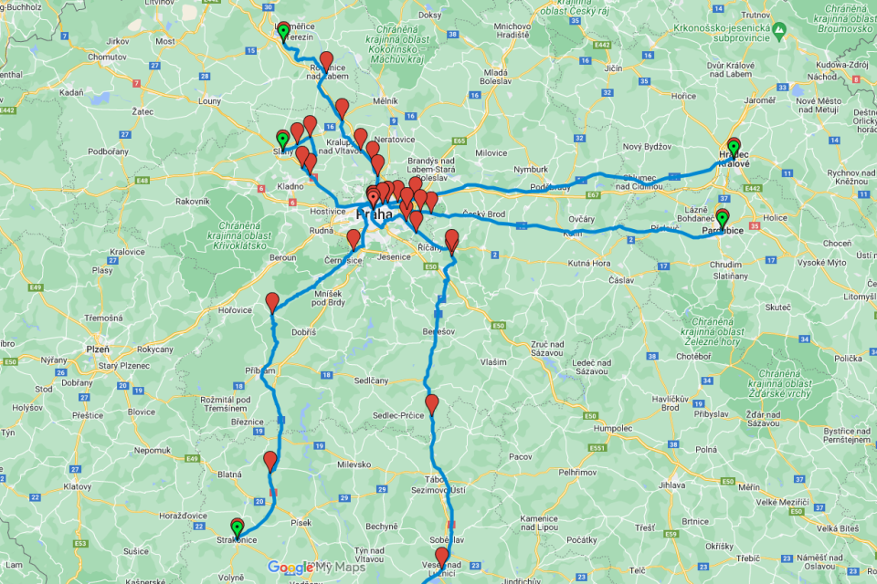 Mapa vyznačující trasy,  kterými přijede část zemědělců na protest do Prahy | foto: iROZHLAS.cz